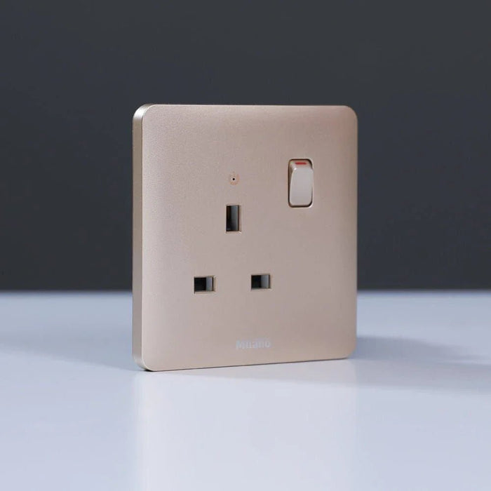 Milano 13A Single Switched Socket With Led Indicator-Gold