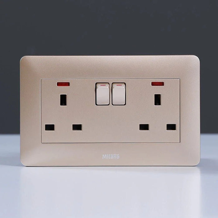 Milano 13A Twin Socket With Switch & Led Indicator-Gold