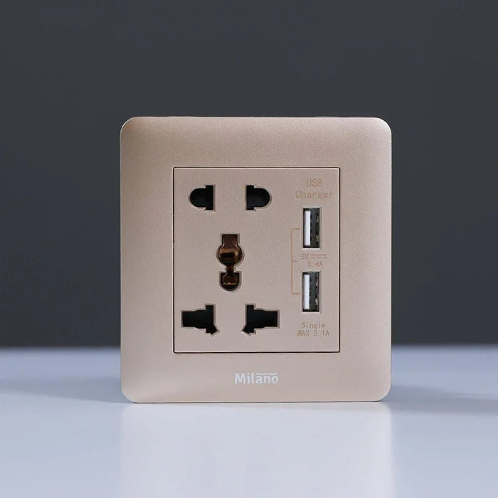 Milano 2 Pin & 3 Pin Universal Socket With 2.1A Us-Gold