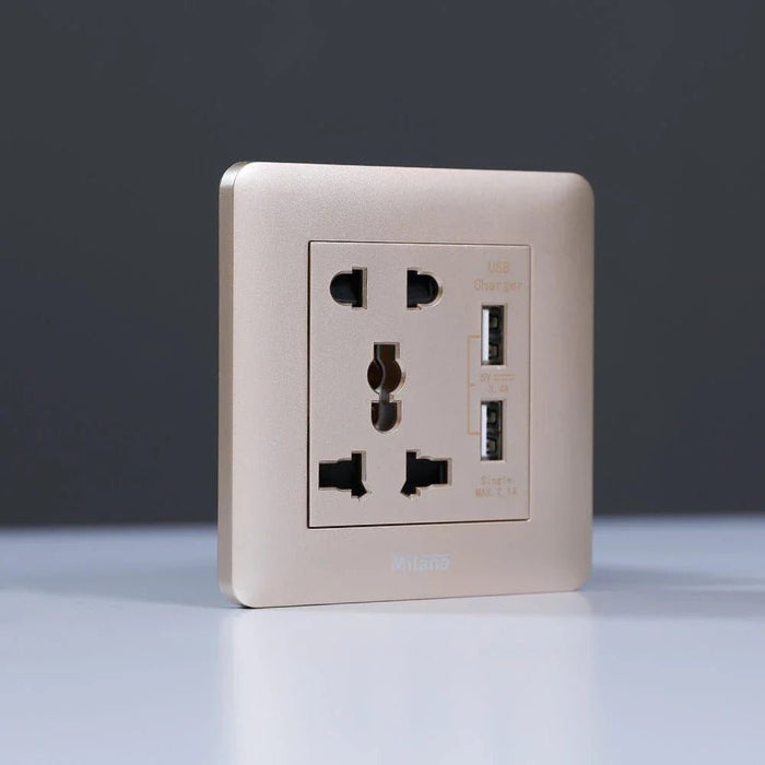 Milano 2 Pin & 3 Pin Universal Socket With 2.1A Us-Gold