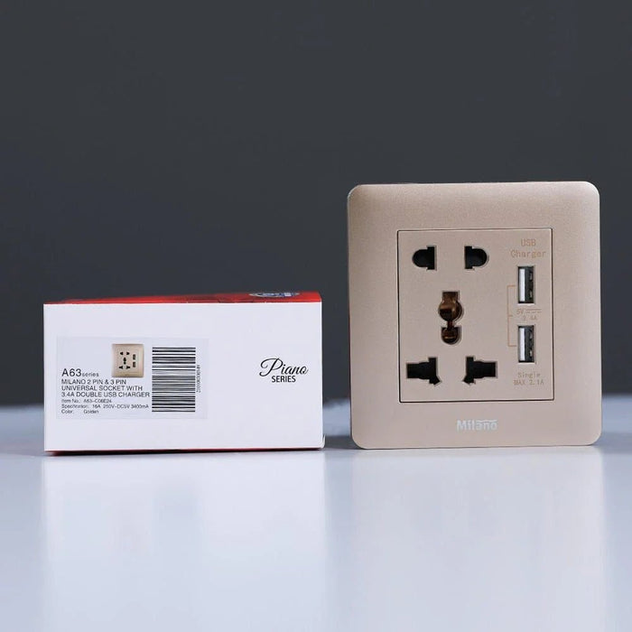 Milano 2 Pin & 3 Pin Universal Socket With 2.1A Us-Gold