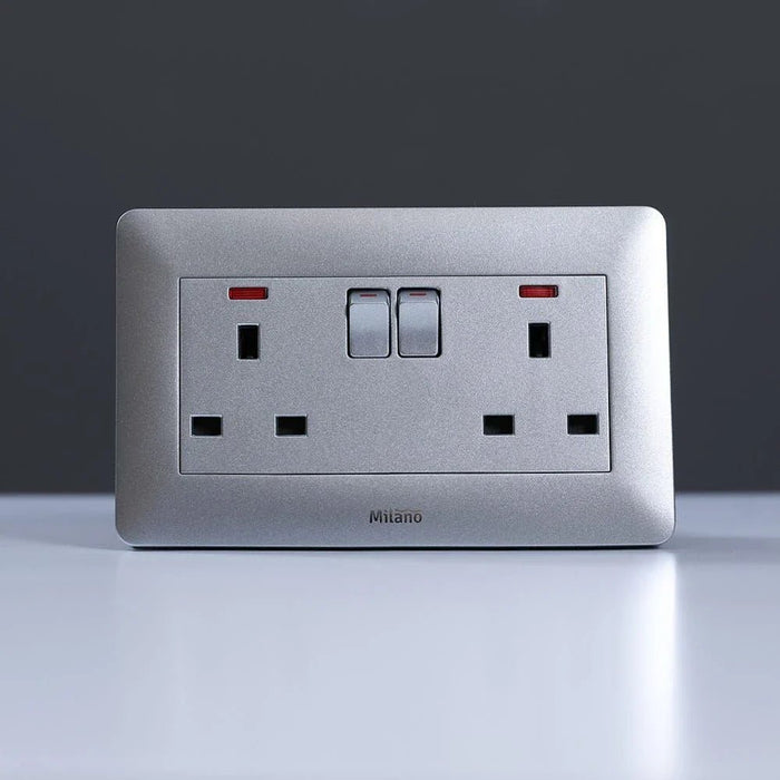 Milano 13A Twin Socket With Switch & Led Indicator-Silver