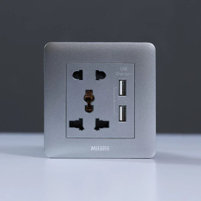 Milano 2 Pin & 3 Pin Universal Socket With 2.1A Us-Silver