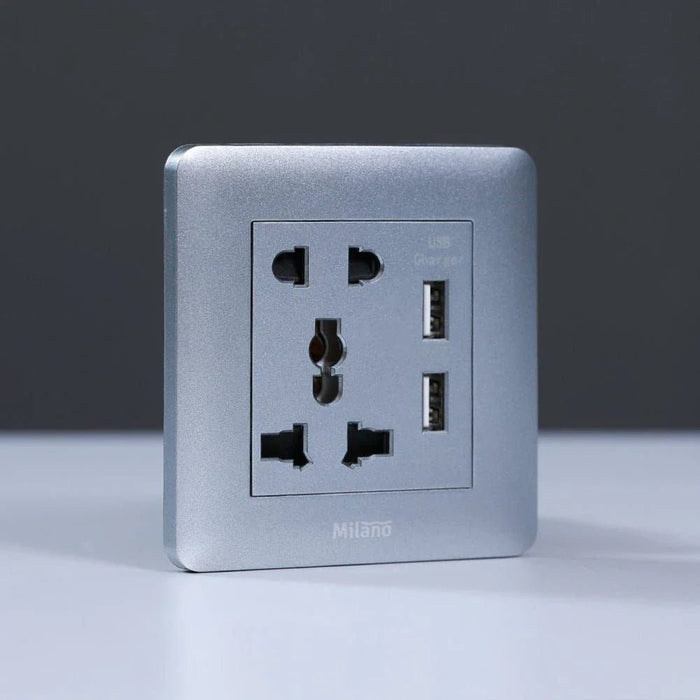 Milano 2 Pin & 3 Pin Universal Socket With 2.1A Us-Silver