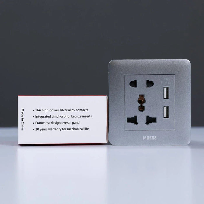 Milano 2 Pin & 3 Pin Universal Socket With 2.1A Us-Silver