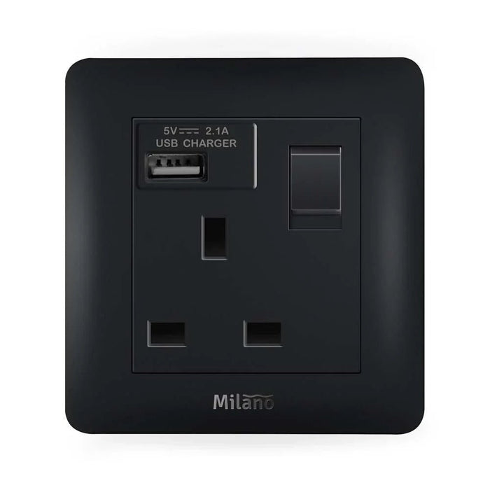 Milano 13A Single Switched Socket With Usb Mblk