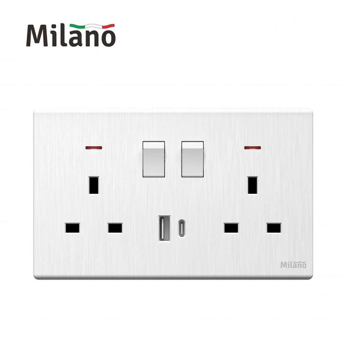 Milano 13A Dual Socket With Neon With Usb Type A+C, DpÊ Aura Wh