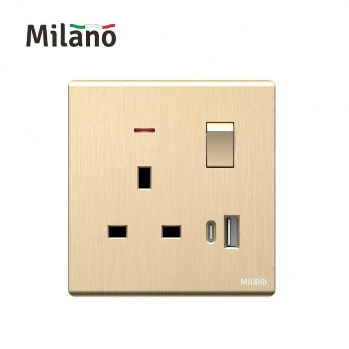 Milano 13A Socket With Neon With Usb Type A+C, Dpæ Aura Gld