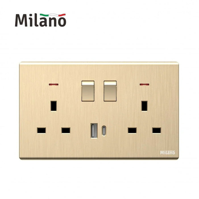 Milano 13A Dual Socket With Neon With Usb Type A+C, Dpæ Aura Gld