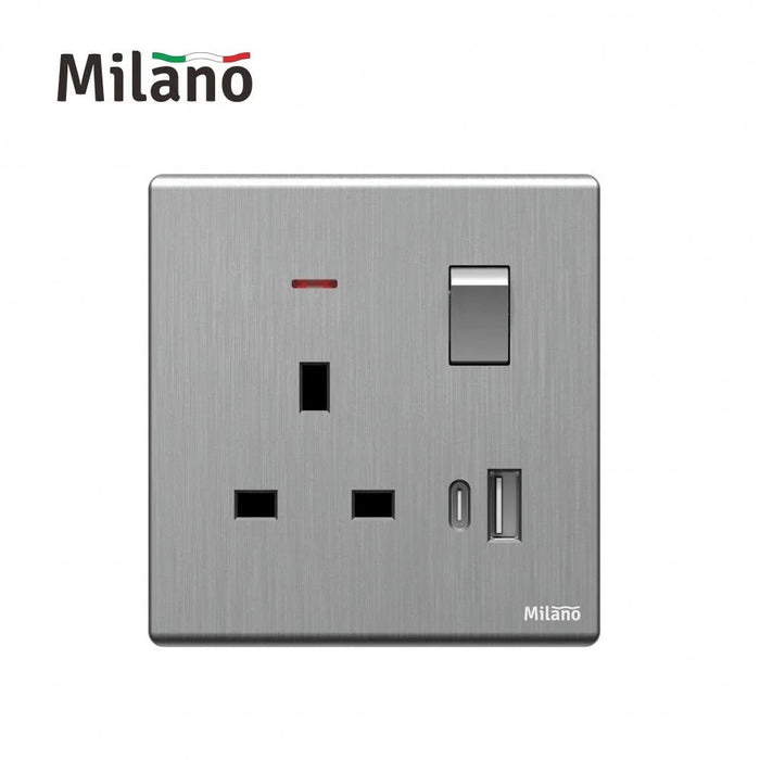 Milano 13A Socket With Neon With Usb Type A+C, Dpæ Aura Slvr