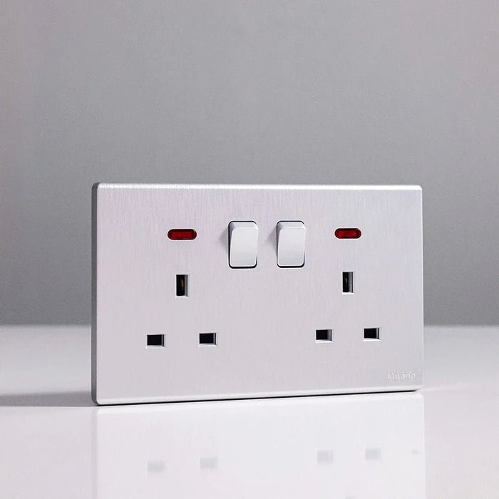Milano 13A Dual Socket With Neon Aura Slvr