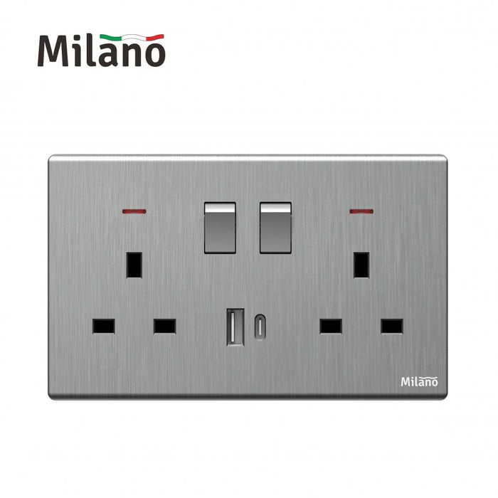Milano 13A Dual Socket With Neon With Usb Type A+C, Dpæ Aura Slvr