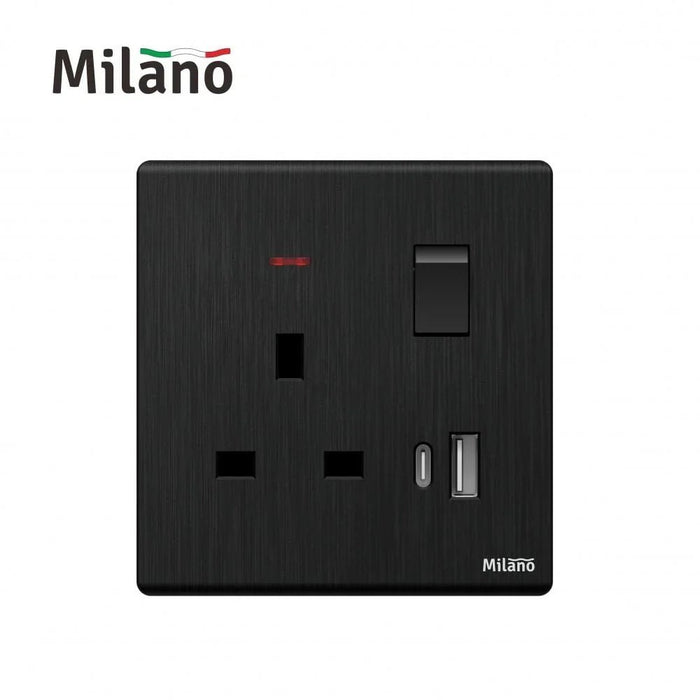 Milano 13A Socket With Neon With Usb Type A+C, Dpæ Aura Blk