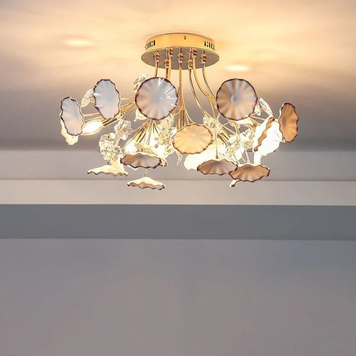 Roma Flushmount Ceiling Lamp Ð Ceramic, Metal & Crystal Ð White - Gold