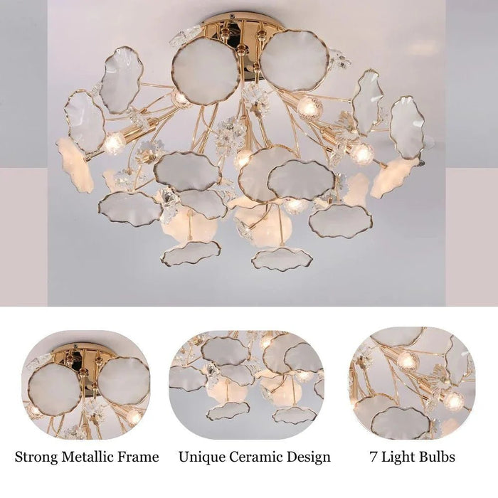 Roma Flushmount Ceiling Lamp Ð Ceramic, Metal & Crystal Ð White - Gold