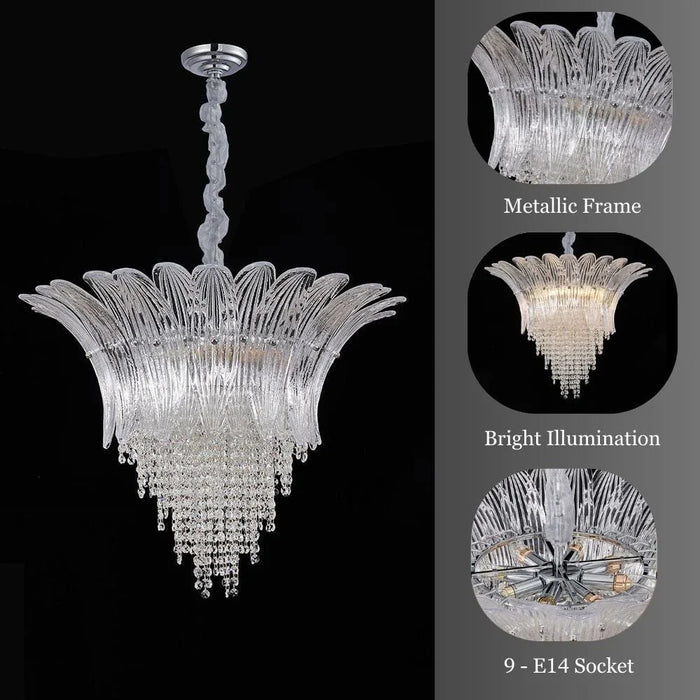 Florio 9-Light Chandelier - Metal, Glass & Crystal - Clear - Silver - E14x11 - W60xH53 cm