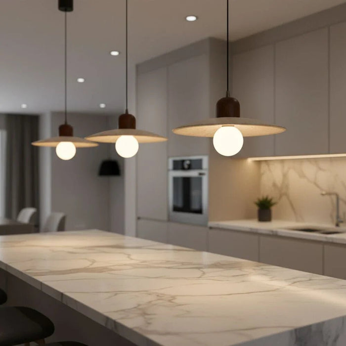 Elara Pendant Lamp Ð Travertine & Metal Ð White - Brown Ð Adjustable Length up to 2 m