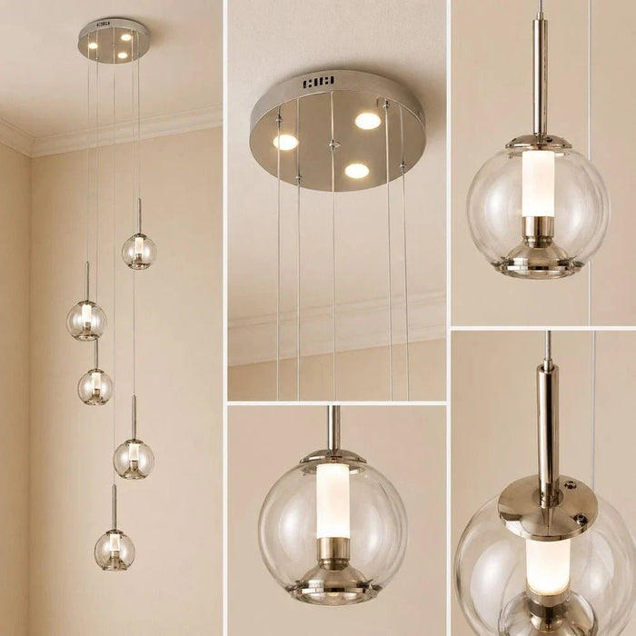 Urban LED 5Pc Glass Pendant set -3-Color Dimmable 4m Adjustable Length -Smoke Grey