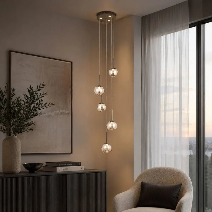 Urban LED 5Pc Glass Pendant set -3-Color Dimmable 4m Adjustable Length -Smoke Grey