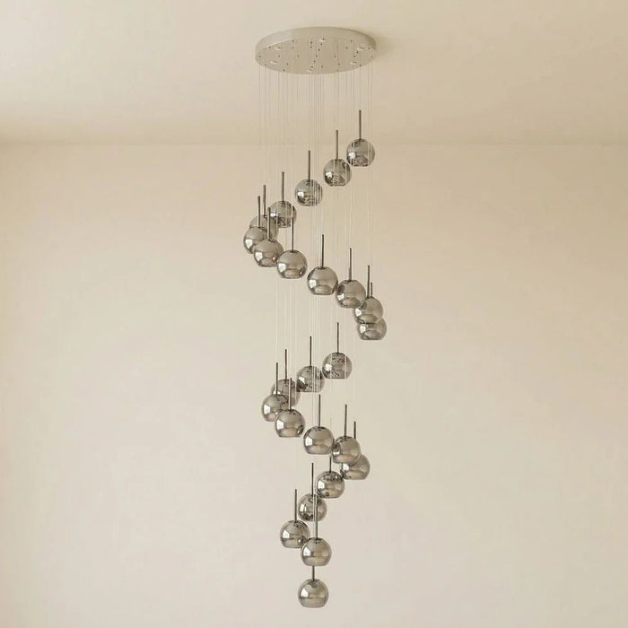 Urban LED 25Pc Glass Staircase Chandelier - 3 Color Dimmable 4m Adjustable Length -Smoke Grey