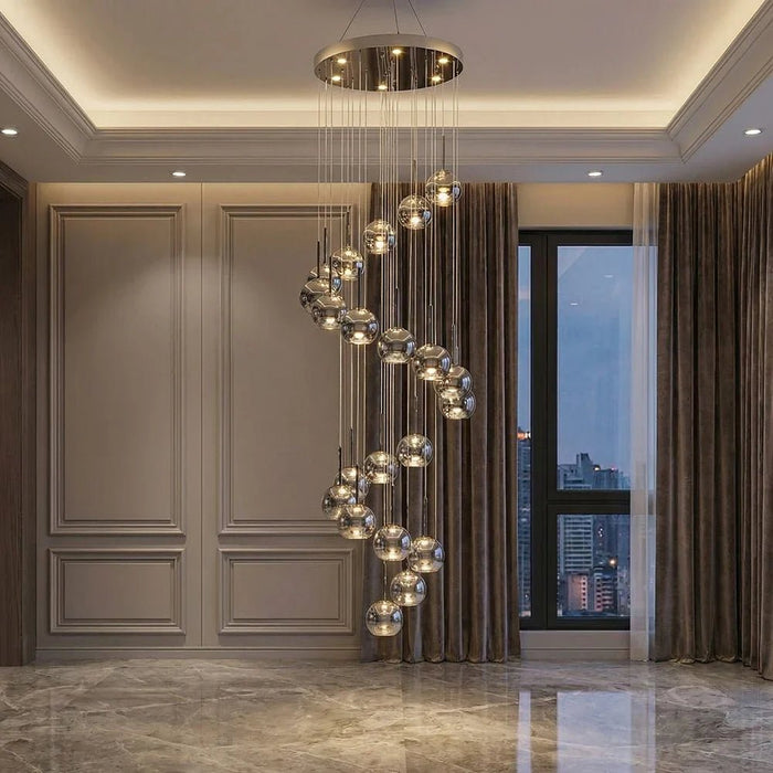 Urban LED 25Pc Glass Staircase Chandelier - 3 Color Dimmable 4m Adjustable Length -Smoke Grey