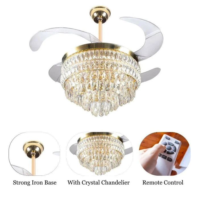 Yara LED Ceiling Fan Chandelier with  Remote Control - 3 Color Dimmable Light - Gold