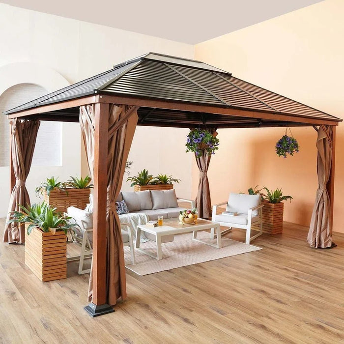 Jasmy Gazebo with Curtains-Black/Brown-3.6x4.6 M-With 2-Year Warranty