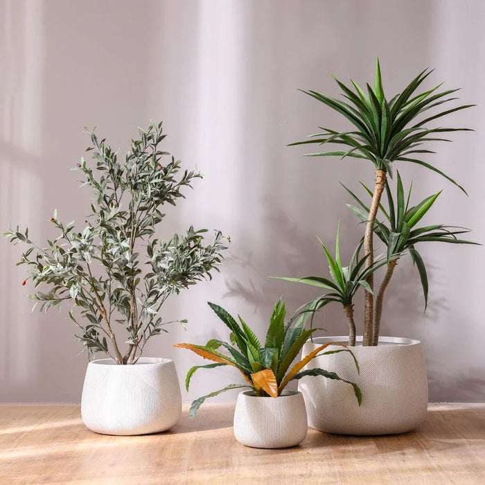 Fiber Clay Pot with Symmetry Stripes-White-55x55x37 CM