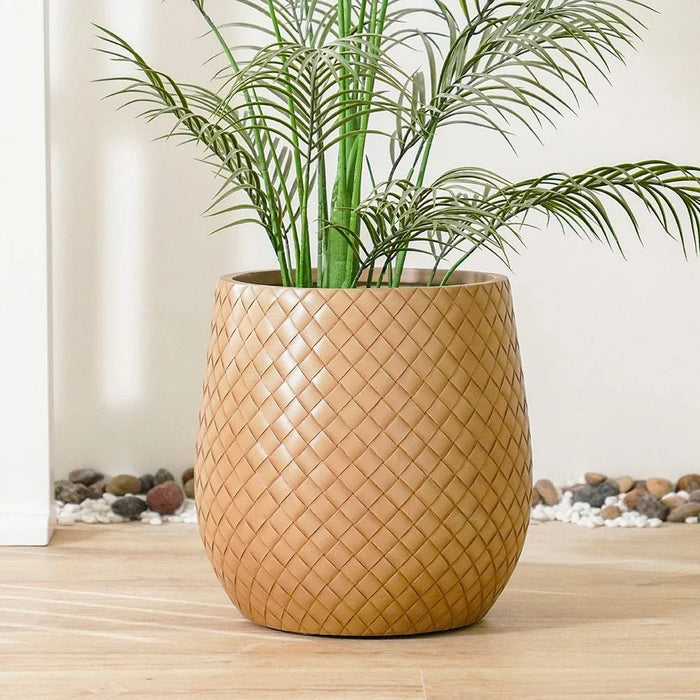 Fiber Clay Pot with Leather Design - Beige - 43.5x43.5x44 CM