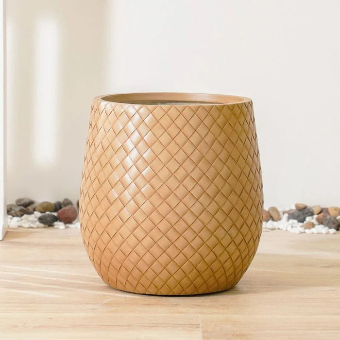 Fiber Clay Pot with Leather Design - Beige - 43.5x43.5x44 CM