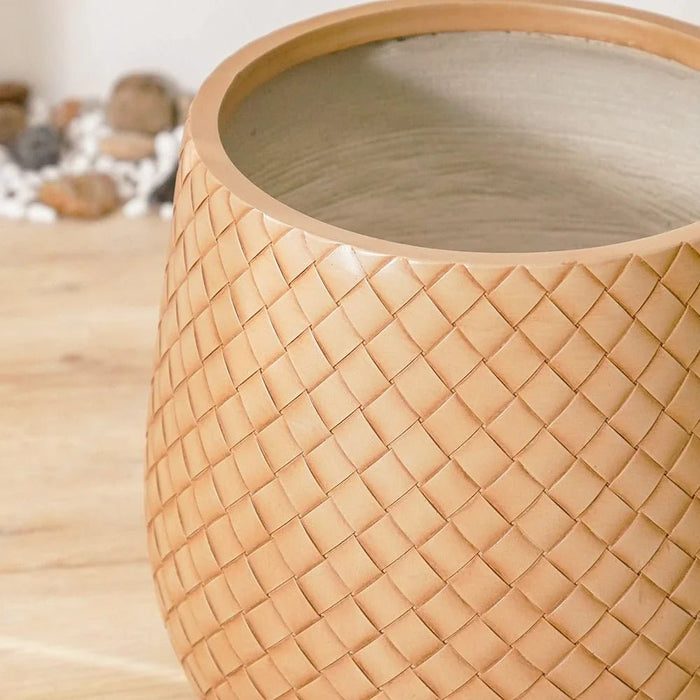 Fiber Clay Pot with Leather Design - Beige - 43.5x43.5x44 CM