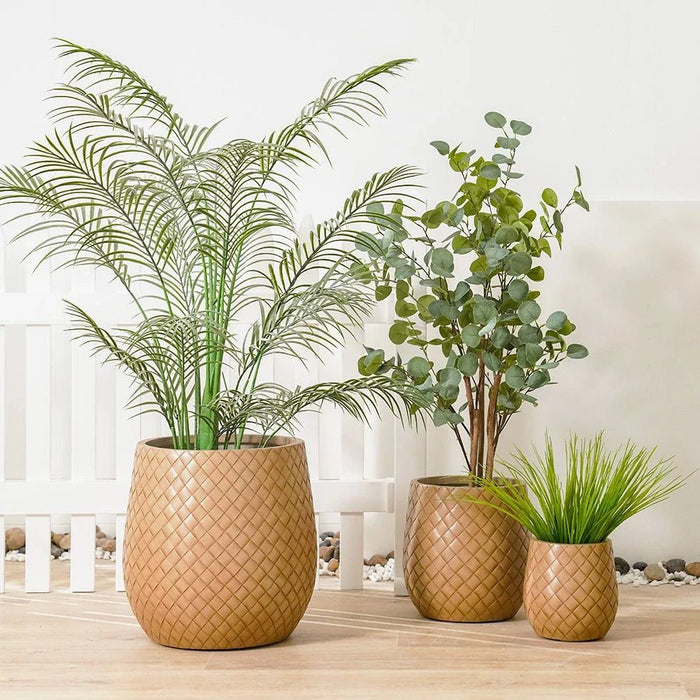 Fiber Clay Pot with Leather Design - Beige - 43.5x43.5x44 CM