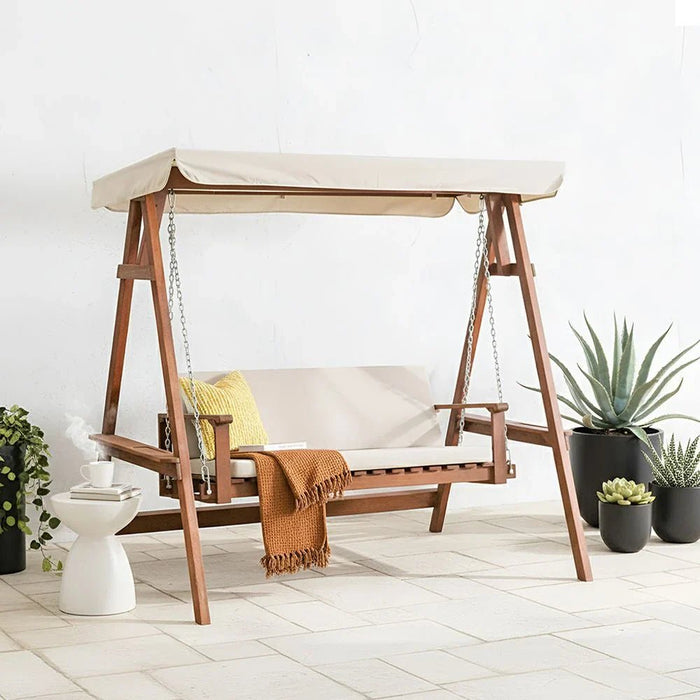 Camry 2-Seater Wooden Swing with Canopy-Brown/Beige
