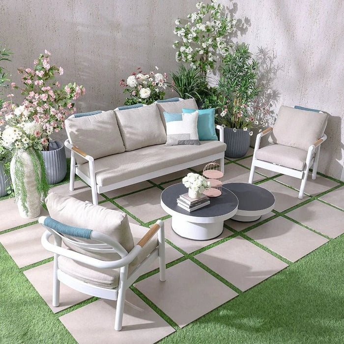 Genova 5-Seater Aluminum Sofa Set with 2 Tables-Beige/White-With 2-Year Warranty