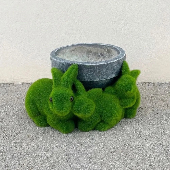 Mgo Green Bunny Family Planter 28.5X24.5X14.7Cm, Grouped Bunny Garden Planter, Magnesium Oxide Construction, For Greenery And Balcony Arrangements