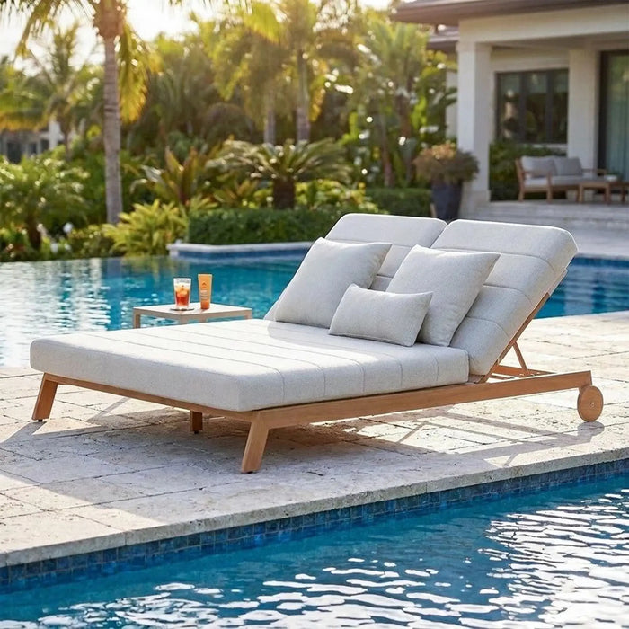 Amalfi Double Daybed Lounger | All Weather Patio Sunloungers | Dual Relaxing Chair | Modern Design Outdoor Furniture For Gardens Lawns Poolsides L200xW142xH37cm - Teak Color