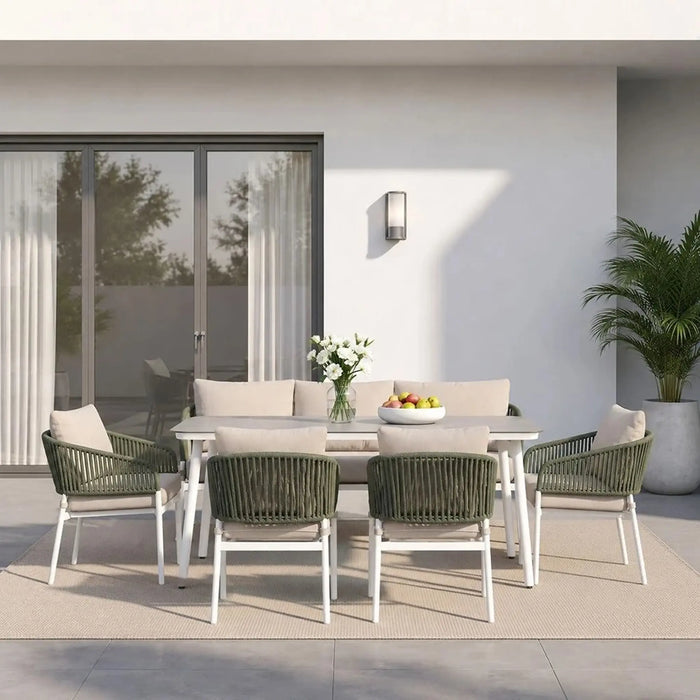 Cameron 7-Seater Outdoor Sofa Set | Steel Frame Garden Furniture | Modern Design Patio Sofaset | Outdoor Seating Table And Chairs For Lawn Garden-Green