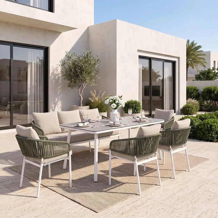 Cameron 7-Seater Outdoor Sofa Set | Steel Frame Garden Furniture | Modern Design Patio Sofaset | Outdoor Seating Table And Chairs For Lawn Garden-Green