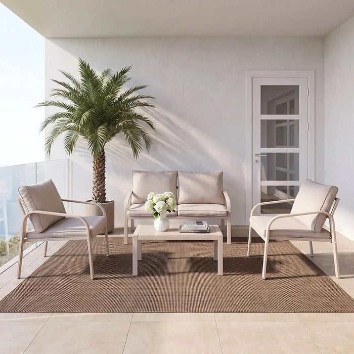 Eula 4-Seater Outdoor Sofa Set | Steel Frame Garden Furniture | Modern Design Patio Sofaset | Outdoor Seating Table And Chairs For Lawn Garden-Beige