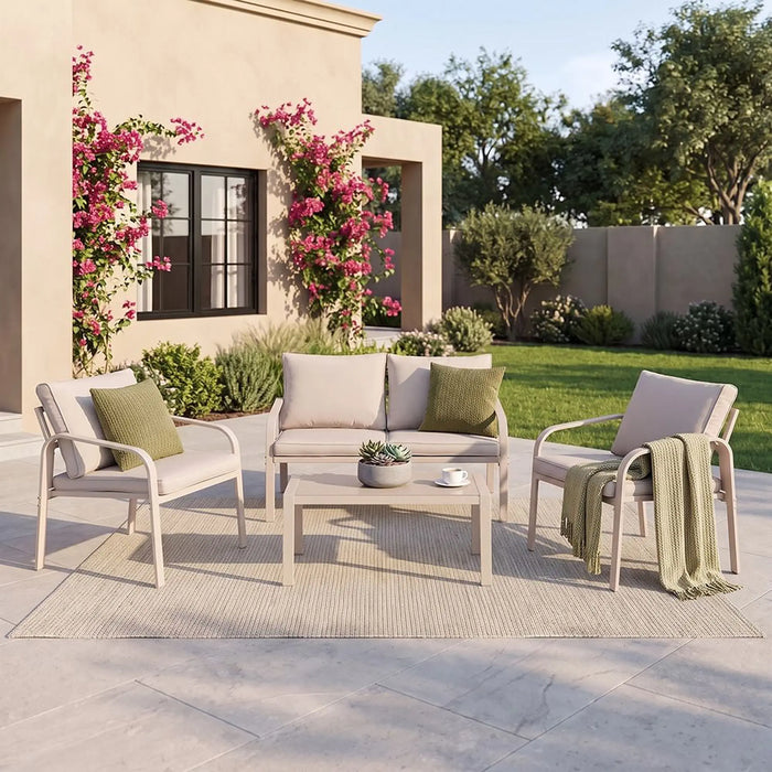 Eula 4-Seater Outdoor Sofa Set | Steel Frame Garden Furniture | Modern Design Patio Sofaset | Outdoor Seating Table And Chairs For Lawn Garden-Beige
