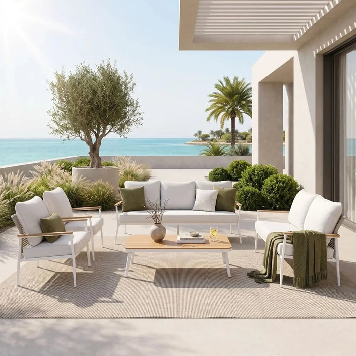 Inigo 7-Seater Outdoor Sofa Set | Steel Frame Garden Furniture | Modern Design Patio Sofaset | Outdoor Seating Table And Chairs For Lawn Garden-White