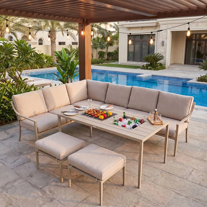 Nadia 8-Seater Outdoor Sofa Set | Steel Frame Garden Furniture | Modern Design Patio Sofaset | Outdoor Seating Table And Chairs For Lawn Garden-Beige