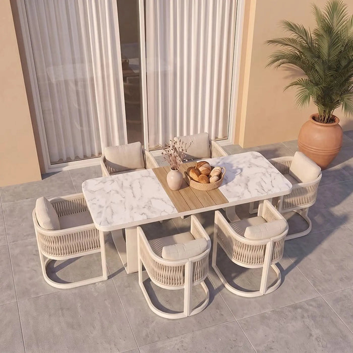 Garnet 1 + 6 Seater Dining Set | 7 pc Outdoor Diningset | Water-Resistant Patio Desk | All Weather Aluminum With Rope, Alum With Stone Patio Modern Outdoor Furniture For Garden-Beige
