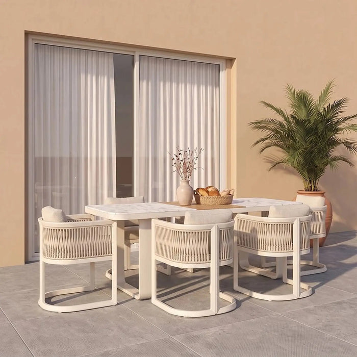 Garnet 1 + 6 Seater Dining Set | 7 pc Outdoor Diningset | Water-Resistant Patio Desk | All Weather Aluminum With Rope, Alum With Stone Patio Modern Outdoor Furniture For Garden-Beige