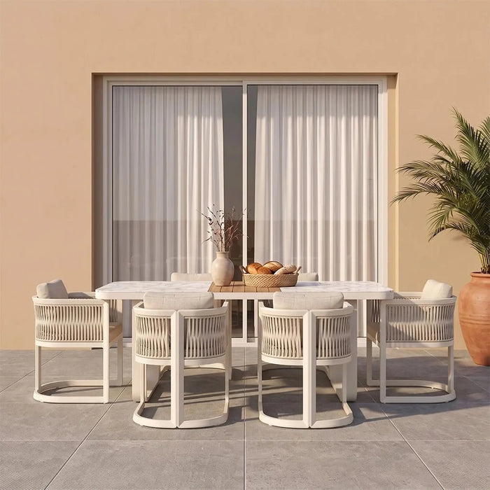 Garnet 1 + 6 Seater Dining Set | 7 pc Outdoor Diningset | Water-Resistant Patio Desk | All Weather Aluminum With Rope, Alum With Stone Patio Modern Outdoor Furniture For Garden-Beige