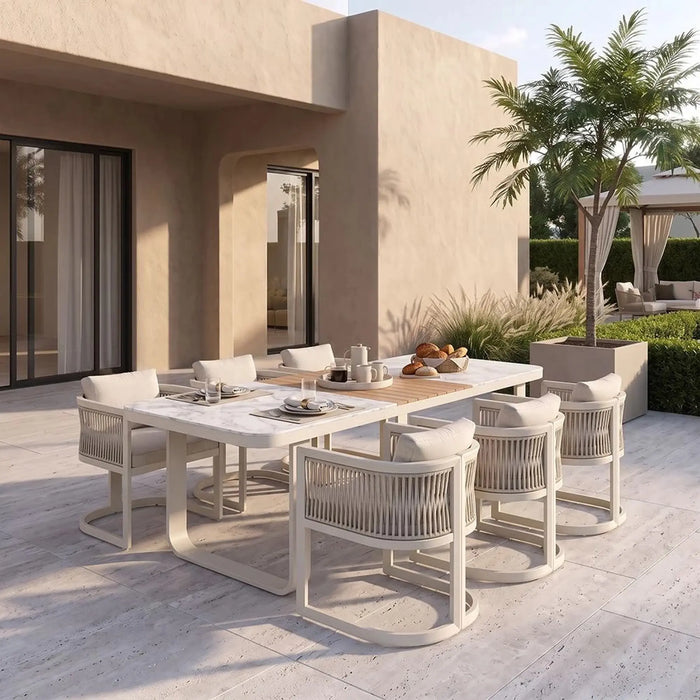 Garnet 1 + 6 Seater Dining Set | 7 pc Outdoor Diningset | Water-Resistant Patio Desk | All Weather Aluminum With Rope, Alum With Stone Patio Modern Outdoor Furniture For Garden-Beige