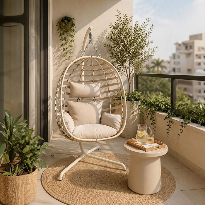 Ayesha 1-Seater Swing Chair | One Seater Hammock Chair | Modern Design Hanging Chair | Swing Chair For Indoor Outdoor Garden Patio L91xW59xH106cm - Beige
