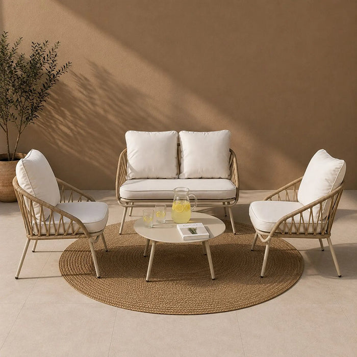 Ayesha 4-Seater Outdoor Sofa Set | Iron Frame Garden Furniture | Modern Design Patio Sofaset | Outdoor Seating Table And Chairs For Lawn Garden-Beige