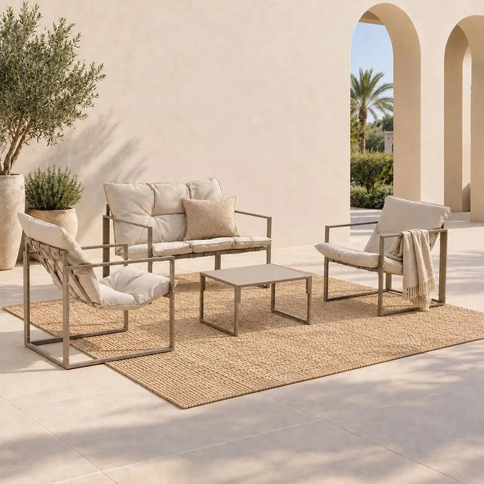 Terry 4-Seater Outdoor Sofa Set | Steel Frame Garden Furniture | Modern Design Patio Sofaset | Outdoor Seating Table And Chairs For Lawn Garden-Beige