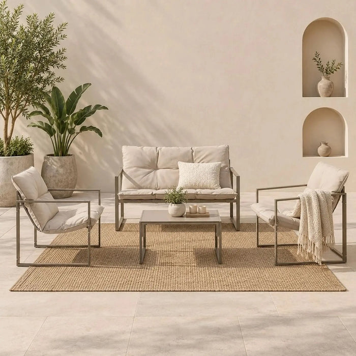 Terry 4-Seater Outdoor Sofa Set | Steel Frame Garden Furniture | Modern Design Patio Sofaset | Outdoor Seating Table And Chairs For Lawn Garden-Beige